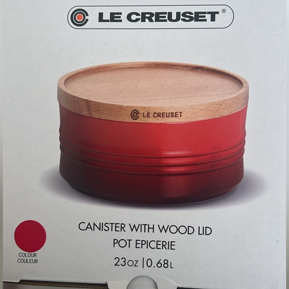 Brand new with tags Le Creuset Cerise Cannister with wood Lid.